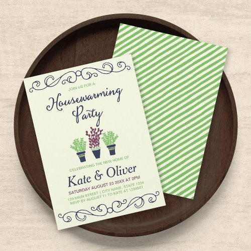 Green and Blue Potted Plants Housewarming Party Invitation