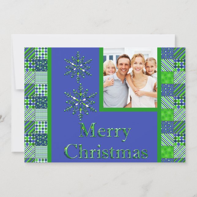 Green and Blue Quilted Christmas Photo Card (Front)