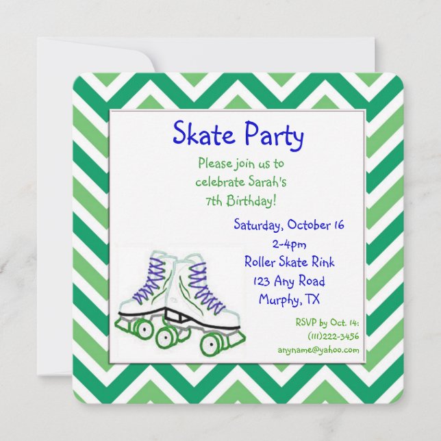 Green and Blue Roller Skate Birthday Invitation (Front)
