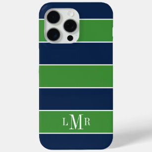 Green and Blue Rugby Stripes 3 Letter Monogram iPhone 15 Pro Max Case