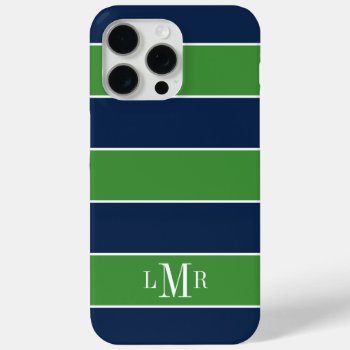 Green And Blue Rugby Stripes 3 Letter Monogram Iphone 15 Pro Max Case by heartlockedcases at Zazzle