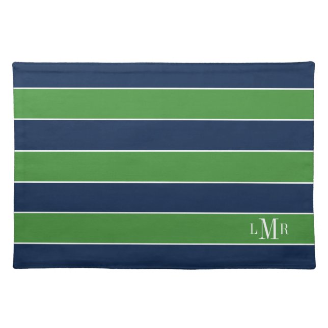Green and Blue Rugby Stripes 3 Letter Monogram Cloth Placemat (Front)