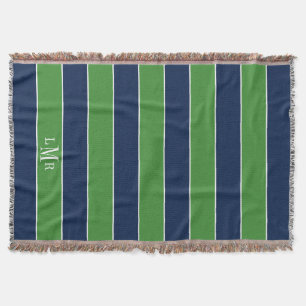 Green and Blue Rugby Stripes 3 Letter Monogram Throw Blanket