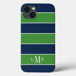 Green and Blue Rugby Stripes Monogrammed iPhone 13 Case