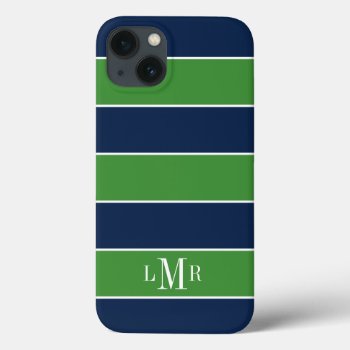 Green And Blue Rugby Stripes Monogrammed Iphone 13 Case by heartlockedcases at Zazzle