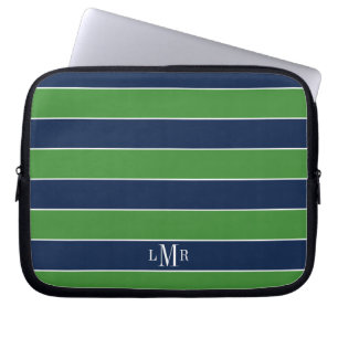 Green and Blue Rugby Stripes Monogrammed Laptop Sleeve