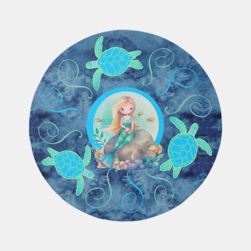 Green and Blue Sea Turtle and Mermaid Outdoor Rug