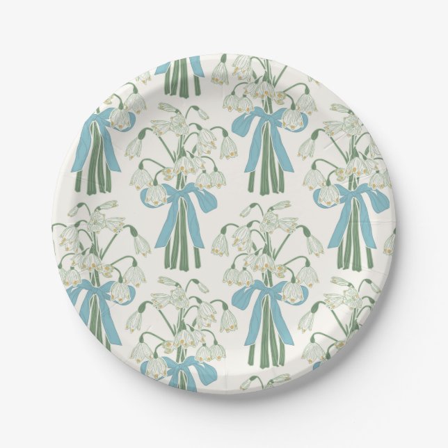 Green and Blue Snowdrop Flower and Bow Bouquets Paper Plates (Front)