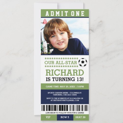 Green and Blue Soccer Ticket Birthday Invites