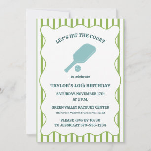 Green and Blue Striped Pickleball Birthday Party Invitation