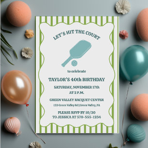 Green and Blue Striped Pickleball Birthday Party Invitation