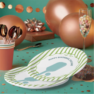 Green and Blue Striped Pickleball Birthday Party Paper Plates