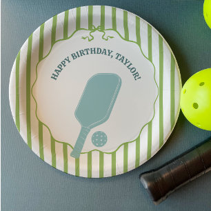 Green and Blue Striped Pickleball Birthday Party Paper Plates