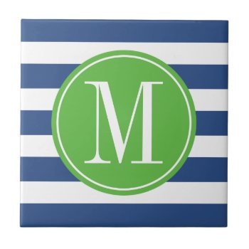 Green And Blue Stripes Custom Monogram Ceramic Tile by DreamyAppleDesigns at Zazzle