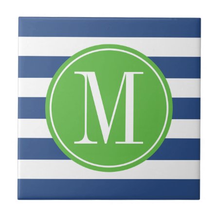 Green And Blue Stripes Custom Monogram Ceramic Tile