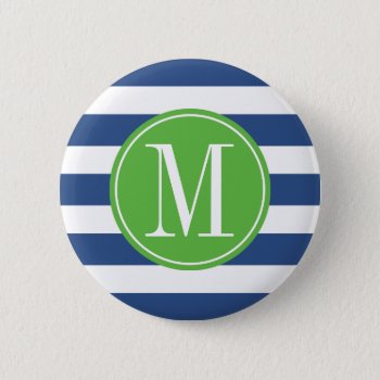 Green And Blue Stripes Custom Monogram Pinback Button by DreamyAppleDesigns at Zazzle