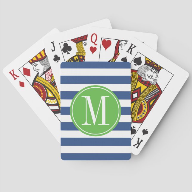 Green and Blue Stripes Custom Monogram Poker Cards (Back)