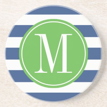 Green And Blue Stripes Custom Monogram Sandstone Coaster by DreamyAppleDesigns at Zazzle