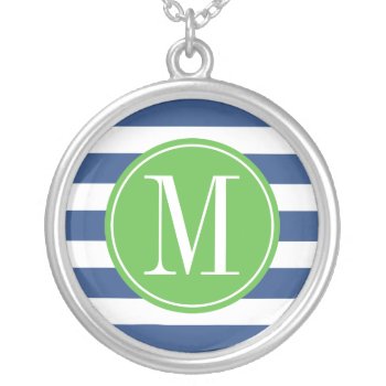 Green And Blue Stripes Custom Monogram Silver Plated Necklace by DreamyAppleDesigns at Zazzle