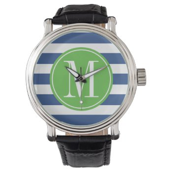 Green And Blue Stripes Custom Monogram Watch by DreamyAppleDesigns at Zazzle