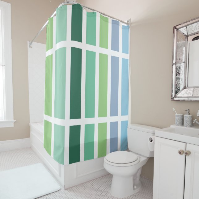 Green and Blue Stripes Shower Curtain (In Situ)