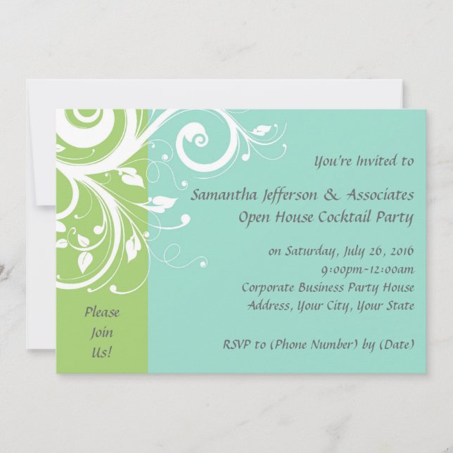 Green and Blue Swirl Corporate Party Invitation (Front)