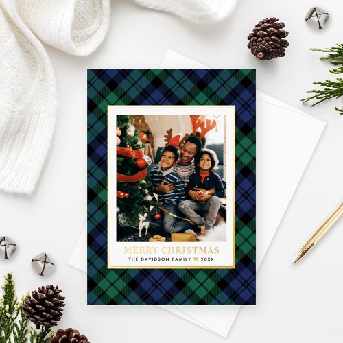 Green and Blue Tartan Plaid Christmas Photo Gold Foil Holiday Card