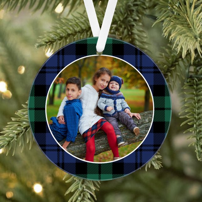 Green and Blue Tartan Plaid Custom Family Photo Ornament (Creator Uploaded)