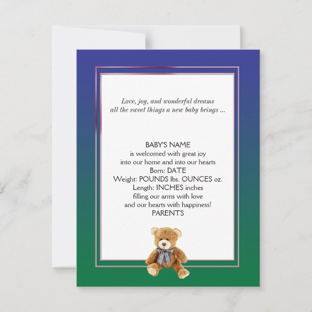 Green and Blue Teddy Bear Baby Announcement (Front)