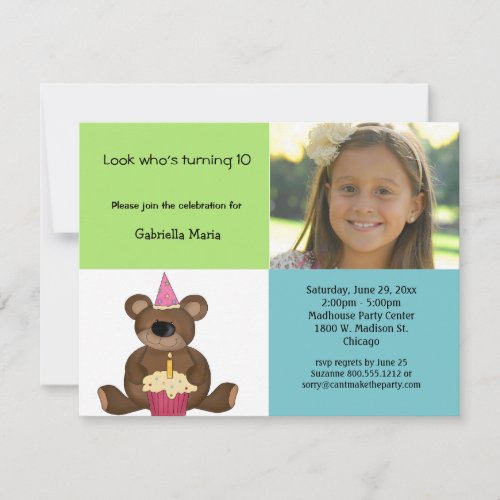 Green And Blue Teddy Bear Photo Invitation