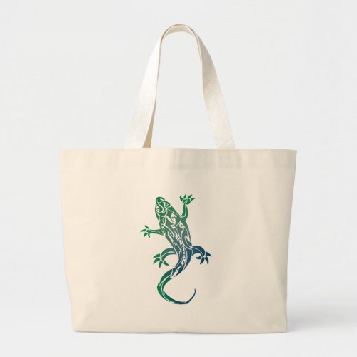 Green and Blue Tribal Gecko Tattoo Large Tote Bag