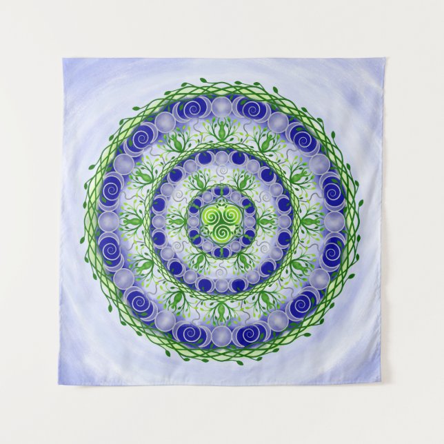 Green and Blue Triple Moon Goddess Mandala Tapestry (Front)