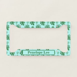 Green and Blue Tropical Leaves Pattern with Name License Plate Frame