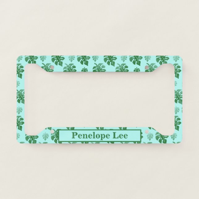 Green and Blue Tropical Leaves Pattern with Name License Plate Frame (Front)