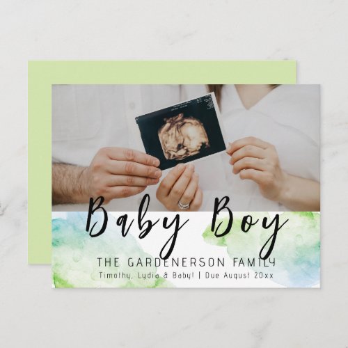 Green and Blue Watercolor Baby Boy Announcement  Postcard