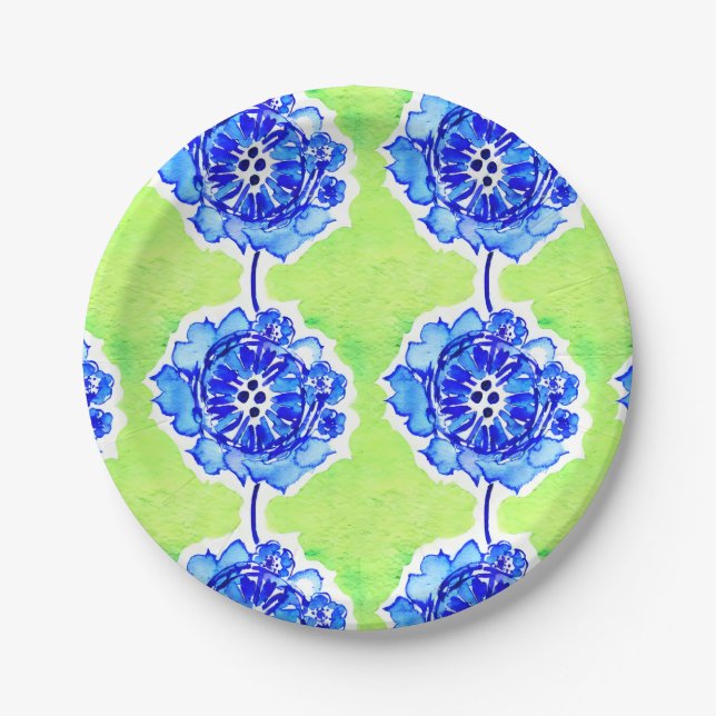 Green and Blue Watercolor Flowers Paper Plates (Front)