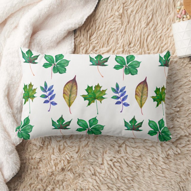 Green and Blue Watercolor Leaves Lumbar Pillow (Blanket)