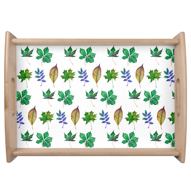 Green and Blue Watercolor Leaves Serving Tray (Front)