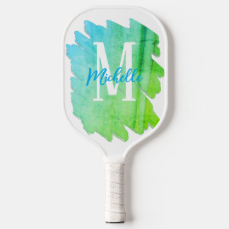 Green and Blue Watercolor Monogram Pickleball Paddle