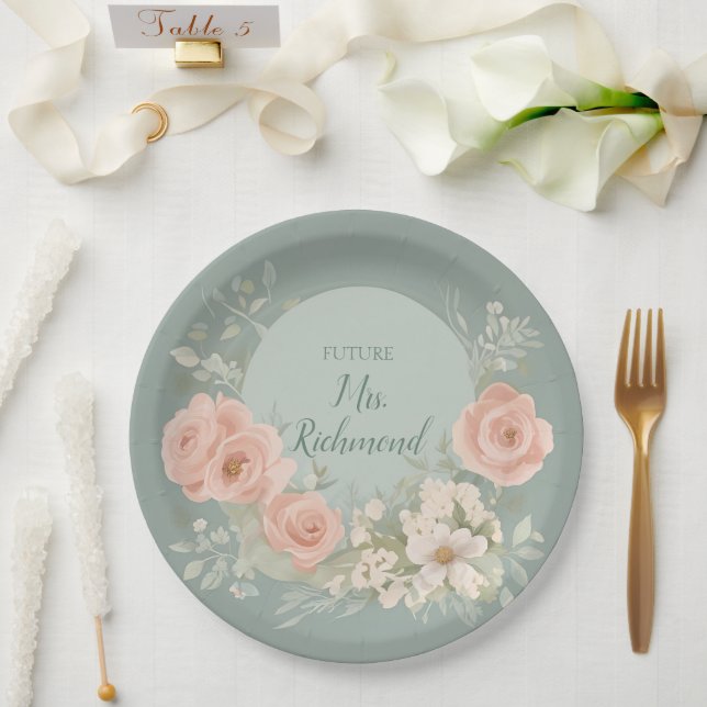Green and Blush Pink Floral Paper Plates (Wedding)