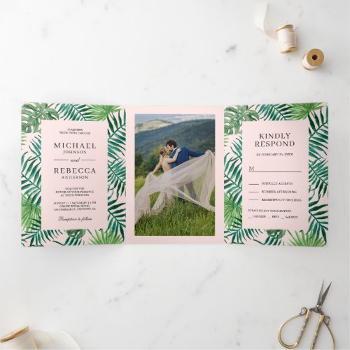 Green and Blush Pink Palm Leaves Tropical Wedding Tri_Fold Invitation