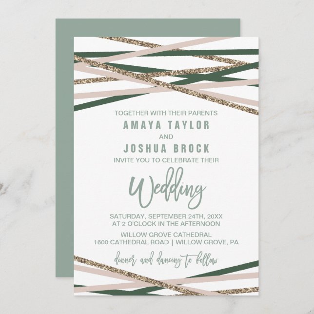 Green and Blush Streamers Wedding Invitation (Front/Back)