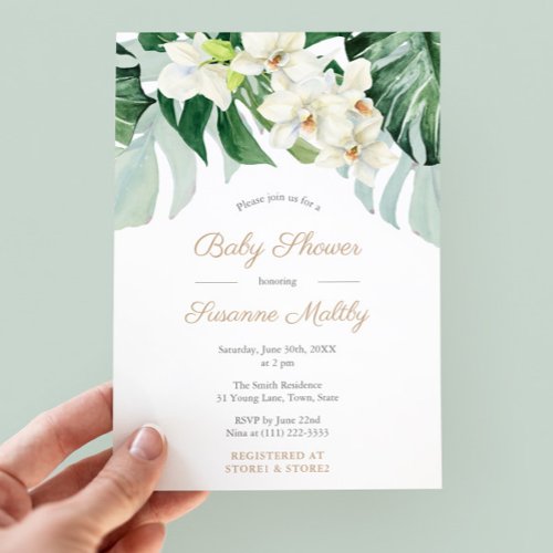 Green and Bronze Monstera Leaves Baby Shower Party Invitation