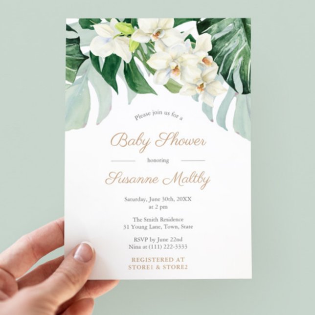 Green and Bronze Monstera Leaves Baby Shower Party Invitation (Dark Green Watercolor Tropical Foliage Baby shower Invitations)