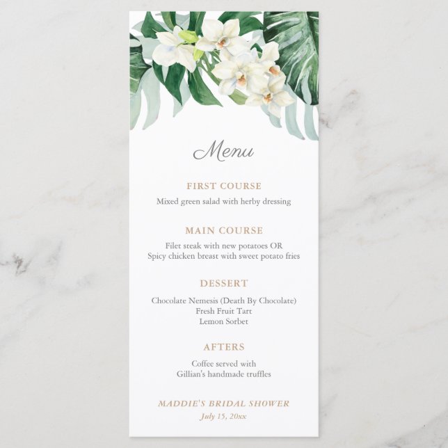 Green And Bronze Tropical Foliage Wedding Shower Menu (Front)