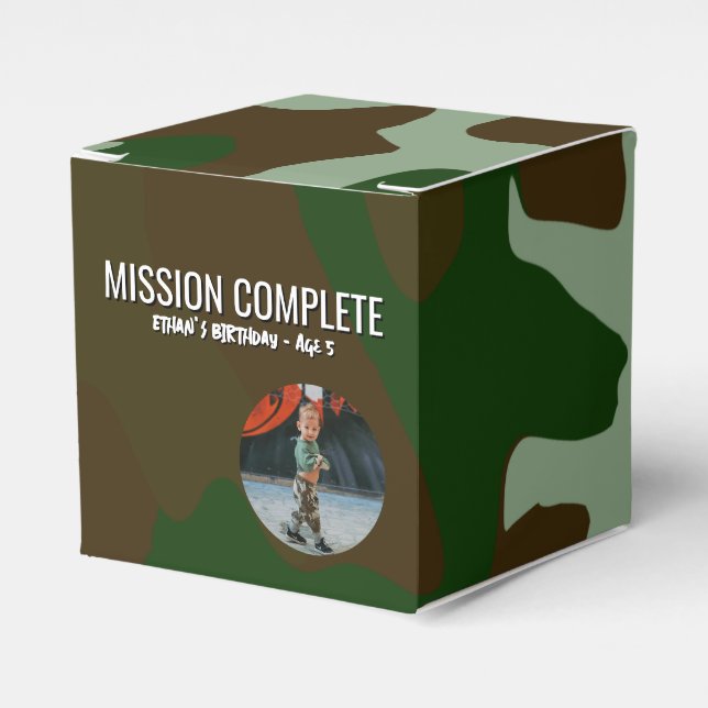 Green and Brown Camo Pattern Mission Complete Favor Boxes (Front Side)