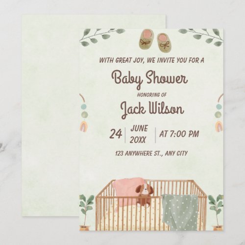 Green and Brown Cute Watercolor Baby boy Shower Invitation