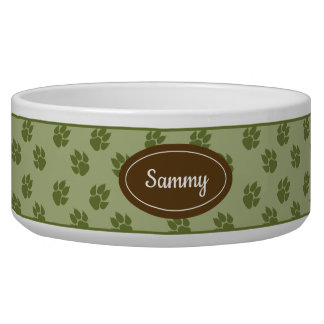 Green And Brown Dog Paws Pattern With Custom Name Bowl