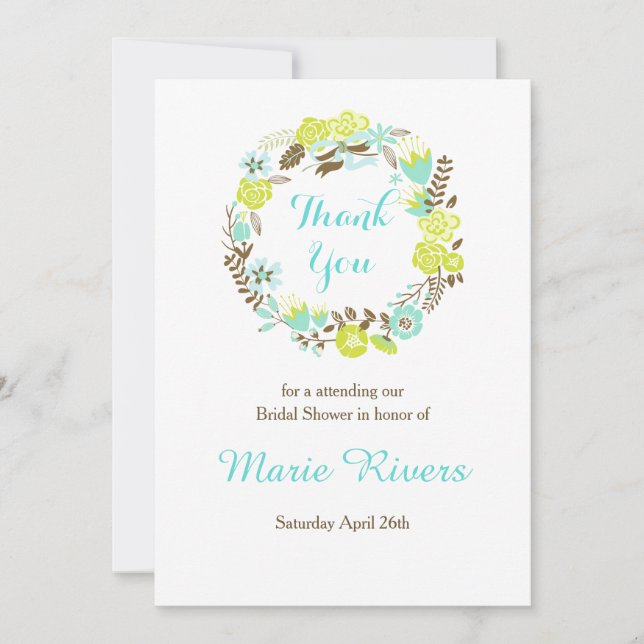 Green and Brown Floral Wreath Bridal Shower Thank You Card (Front)