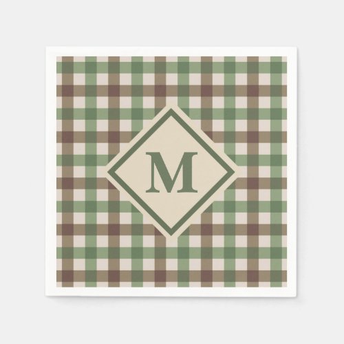 Green and Brown Gingham Plaid with Monogram Picnic Napkins